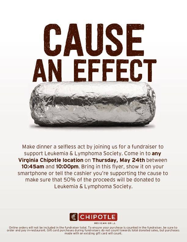 Eat at Chipotle on May 24, mention LLS, and 50% of proceeds help to fight cancer.