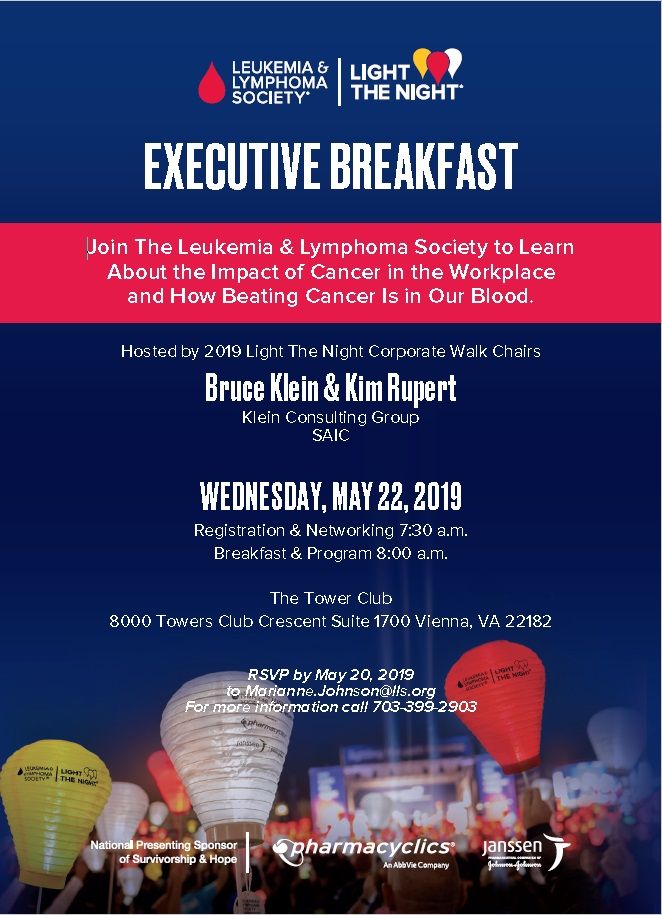 Executive Breakfast will be at 8AM on May 22 at the Tower Club in Tysons. RSVP required. Call 703-399-2941